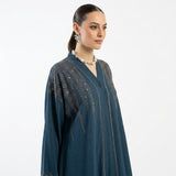 Front view of Deep Teal Cascading DMC Coat - premium Zoom fabric modest wear