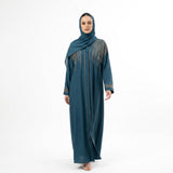 Side view of Deep Teal Cascading DMC Coat open front abaya