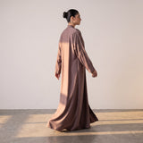 Front view of Dusty Rose Feather Abaya - premium TikTok fabric modest wear