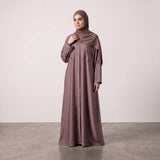 Front standing view of Dusty Rose Feather Abaya
