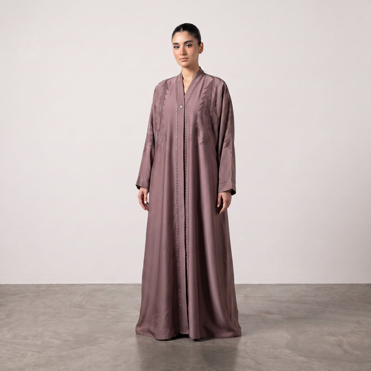 Styled front view of Dusty Rose Feather Abaya
