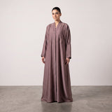 Styled front view of Dusty Rose Feather Abaya
