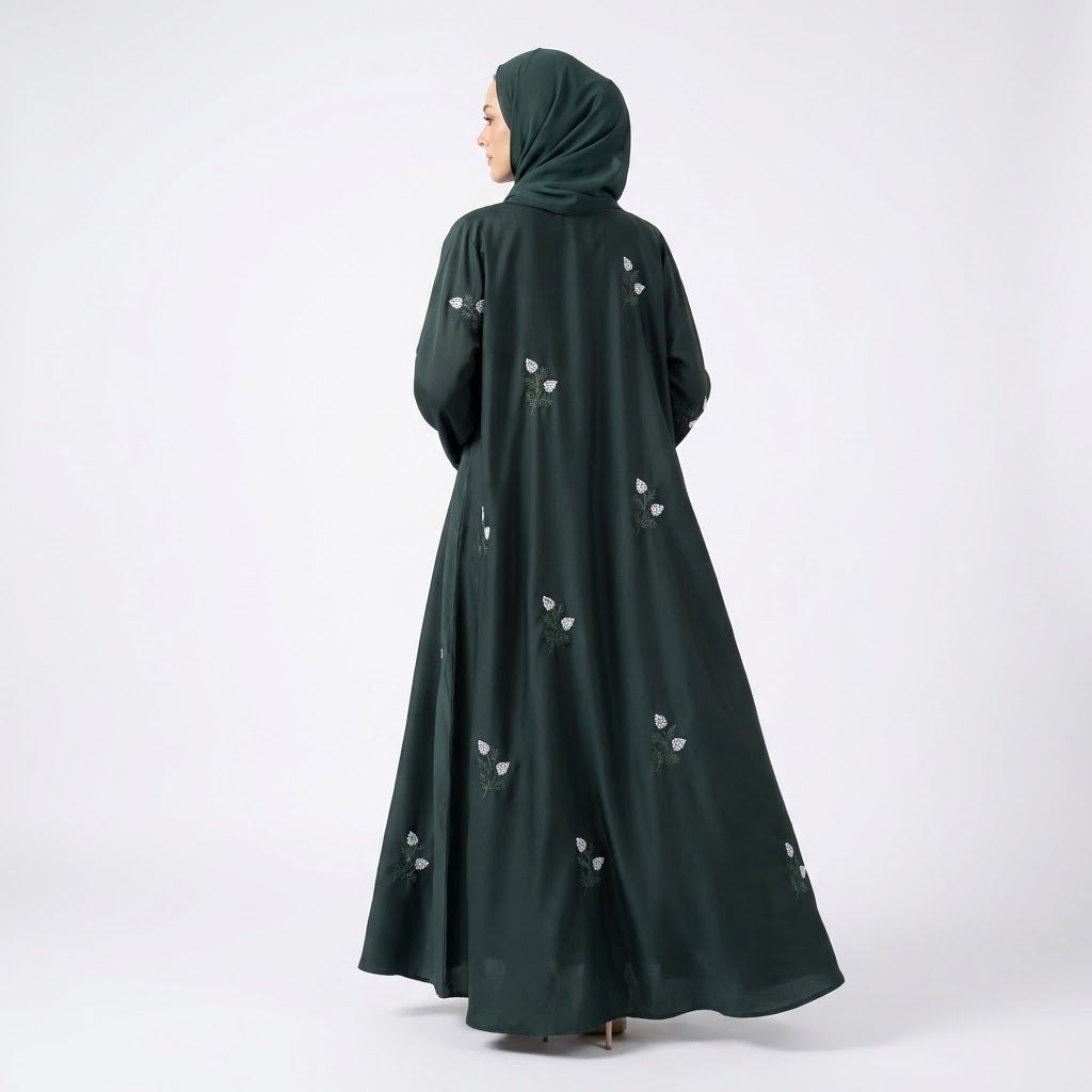 Front view of Emerald Floral Sprig Nida Gown with floral embroidery