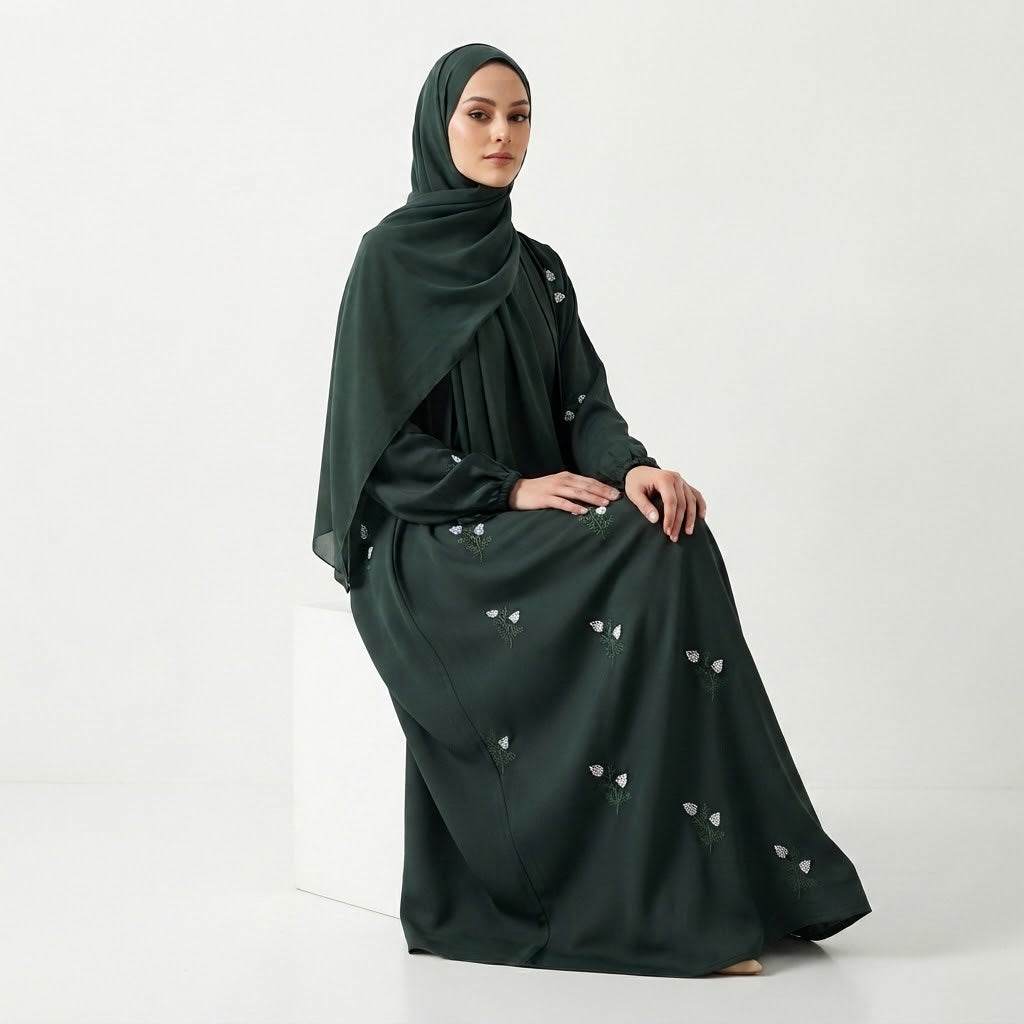 Back view of Emerald Floral Sprig Nida Gown showing full silhouette