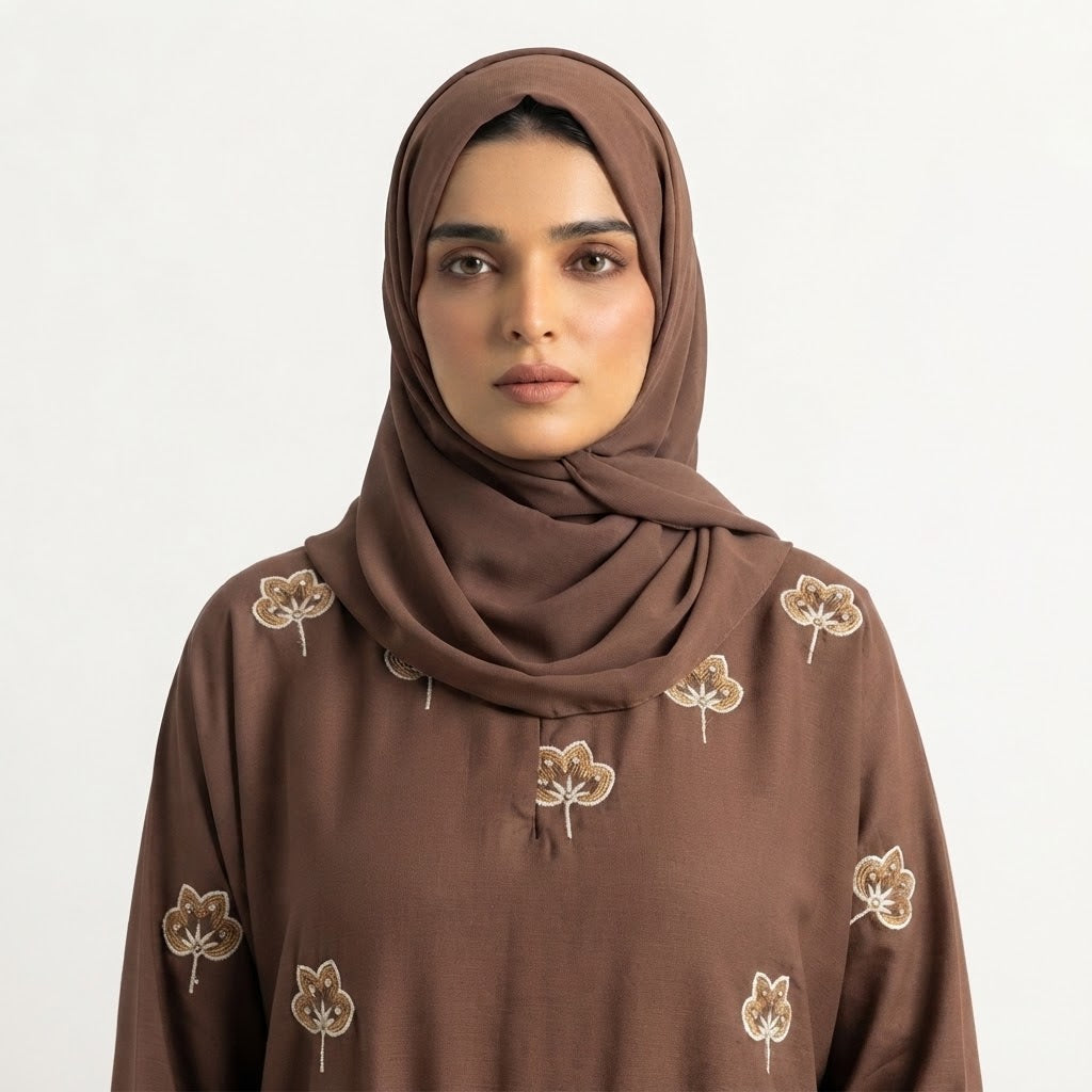 Full-length view of Botanical Floral Gown in Mocha Brown / Warm Chocolate base with Bronze Tan and Off-White/Light Mint thread embroidery