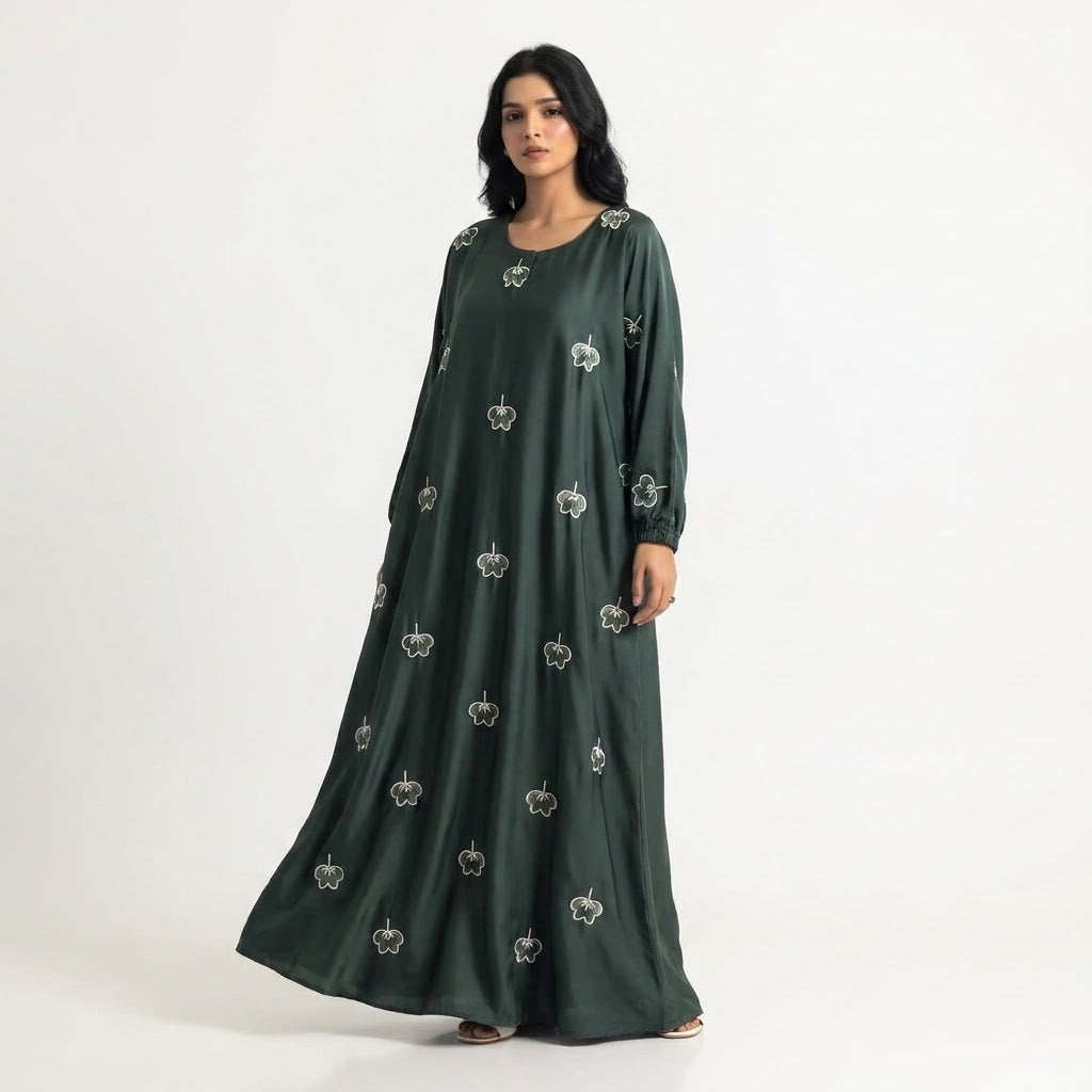 Side profile of Emerald Botanical Floral Gown highlighting the silhouette