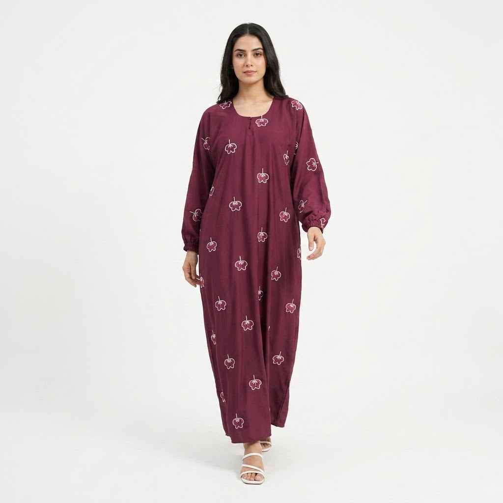 Front view of Maroon Botanical Floral Gown - premium Premium Nida (Nidha) Fabric modest wear