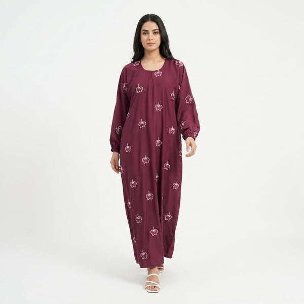 Front view of Maroon Botanical Floral Gown - premium Premium Nida (Nidha) Fabric modest wear