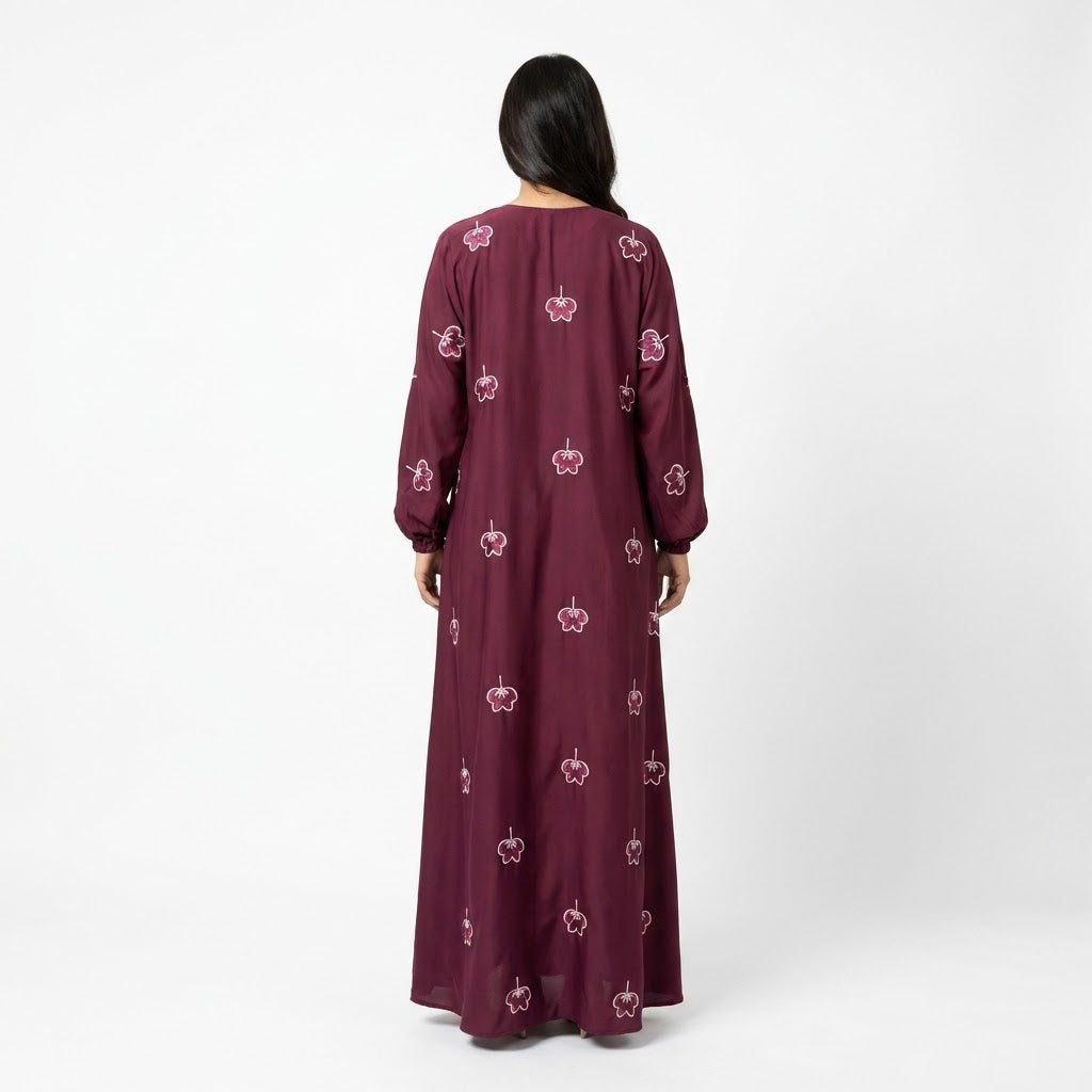 Side profile of Maroon Botanical Floral Gown highlighting the silhouette