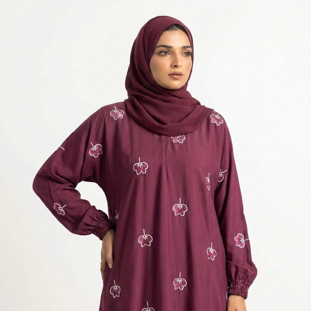 Styled look of Maroon Botanical Floral Gown, perfect for semi-formal wear, daily boutique modest wear, and casual outings