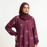 Styled look of Maroon Botanical Floral Gown, perfect for semi-formal wear, daily boutique modest wear, and casual outings