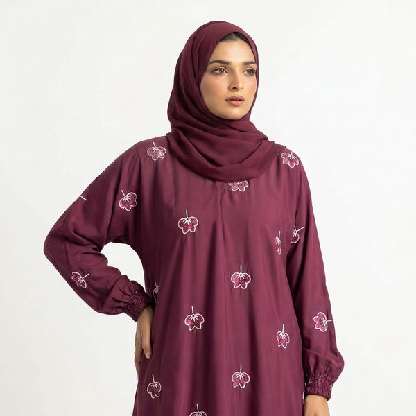 Styled look of Maroon Botanical Floral Gown