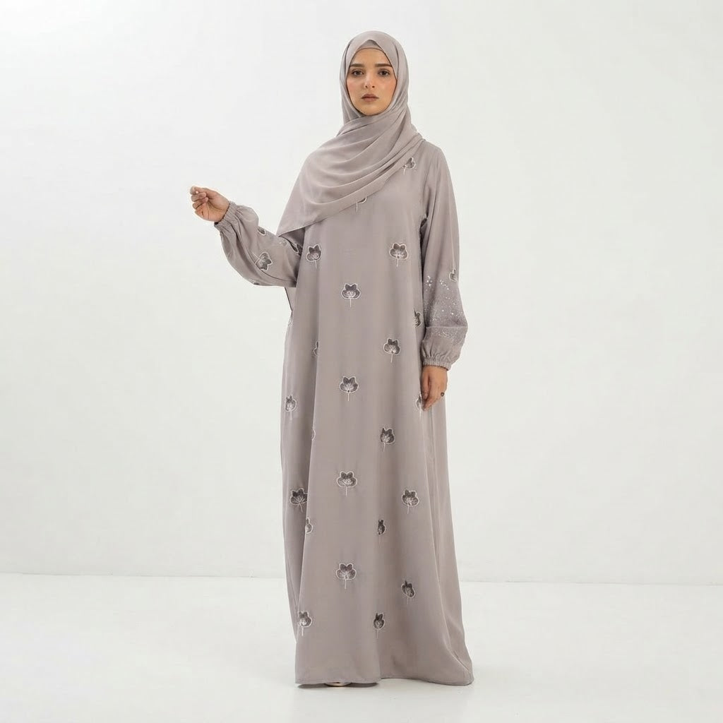 Grey Botanical Floral Gown