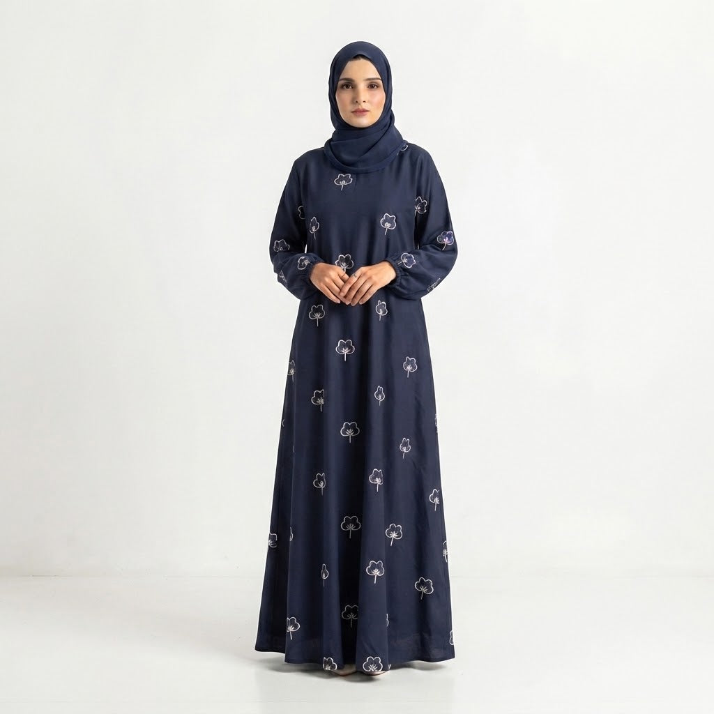 Side profile of Navy Botanical Floral Gown highlighting the silhouette
