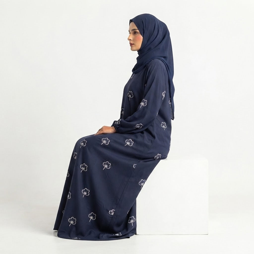 Full-length view of Navy Botanical Floral Gown in Midnight Navy Blue base with Royal Blue and Off-White thread embroidery