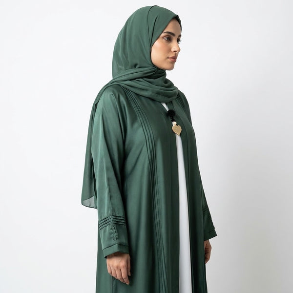 Front view of Emerald Pin-Tuck 2-in-1 Abaya - premium TikTok fabric modest wear