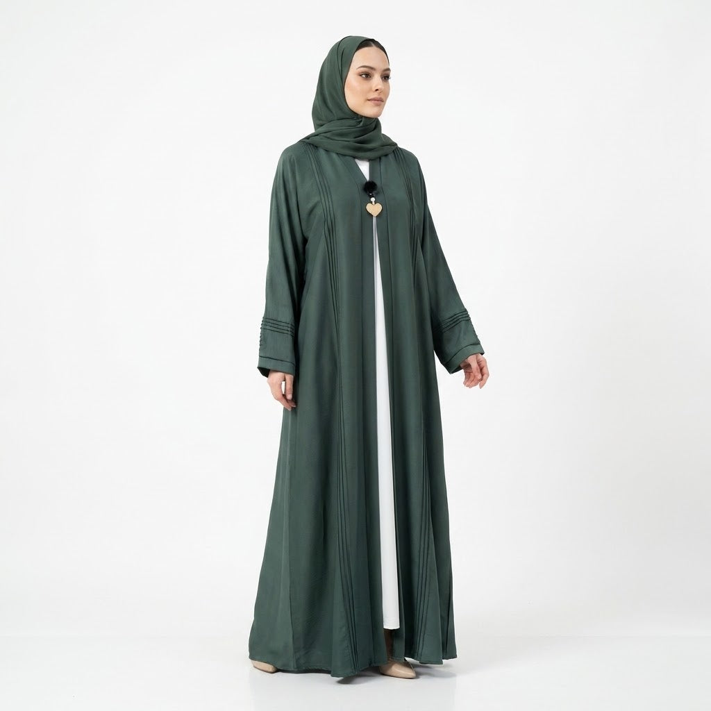 Side view of Emerald Pin-Tuck 2-in-1 Abaya showing attached inner slip