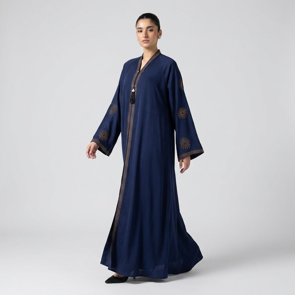 Front view of Celestial Embellished Abaya - premium High-Grade Premium Nida (opaque, silky-smooth, breathable, with a rich fluid fall). modest wear