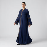 Front view of Celestial Embellished Abaya - premium High-Grade Premium Nida (opaque, silky-smooth, breathable, with a rich fluid fall). modest wear