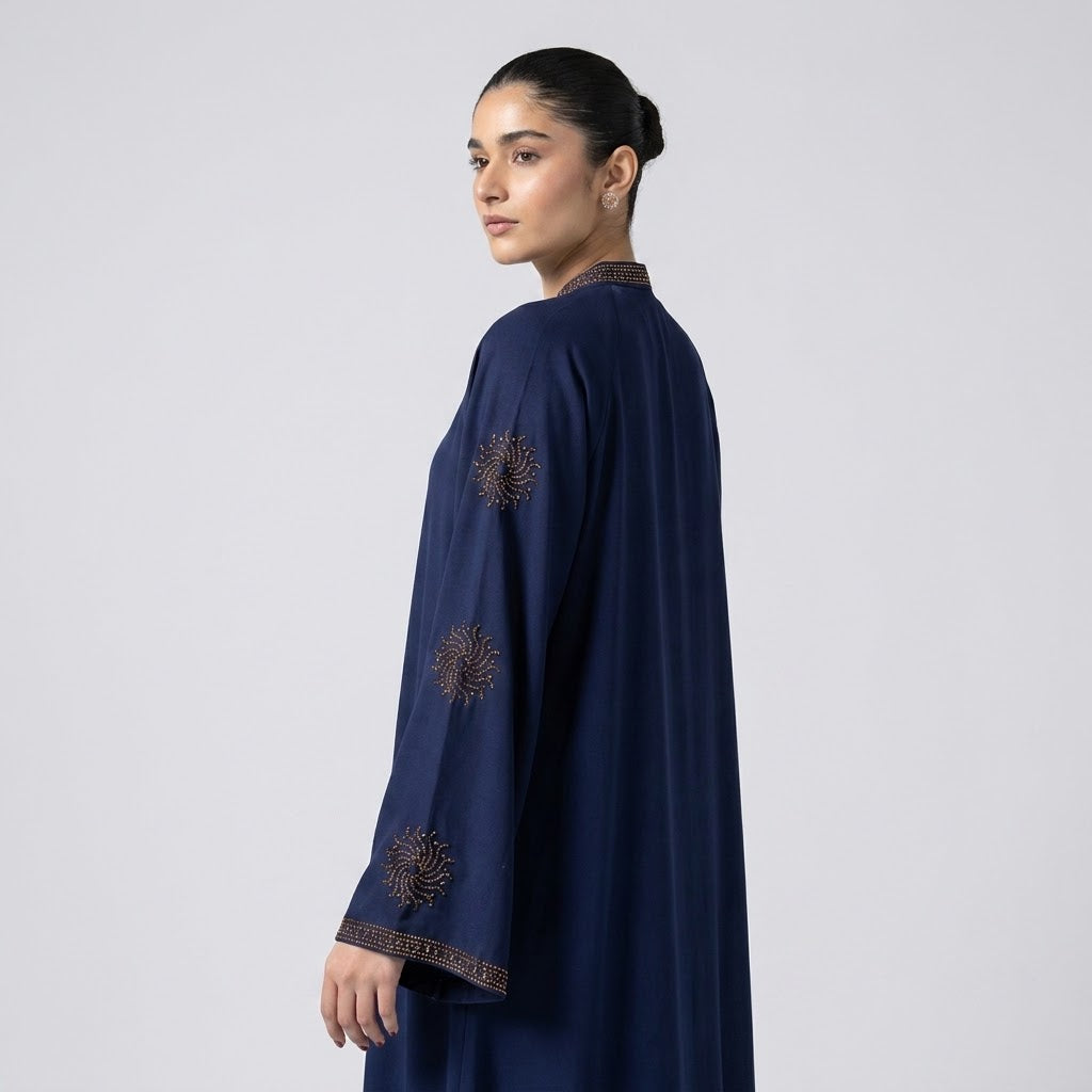 Styled look of Celestial Embellished Abaya, perfect for formal receptions, eid, festive celebrations, and evening wear