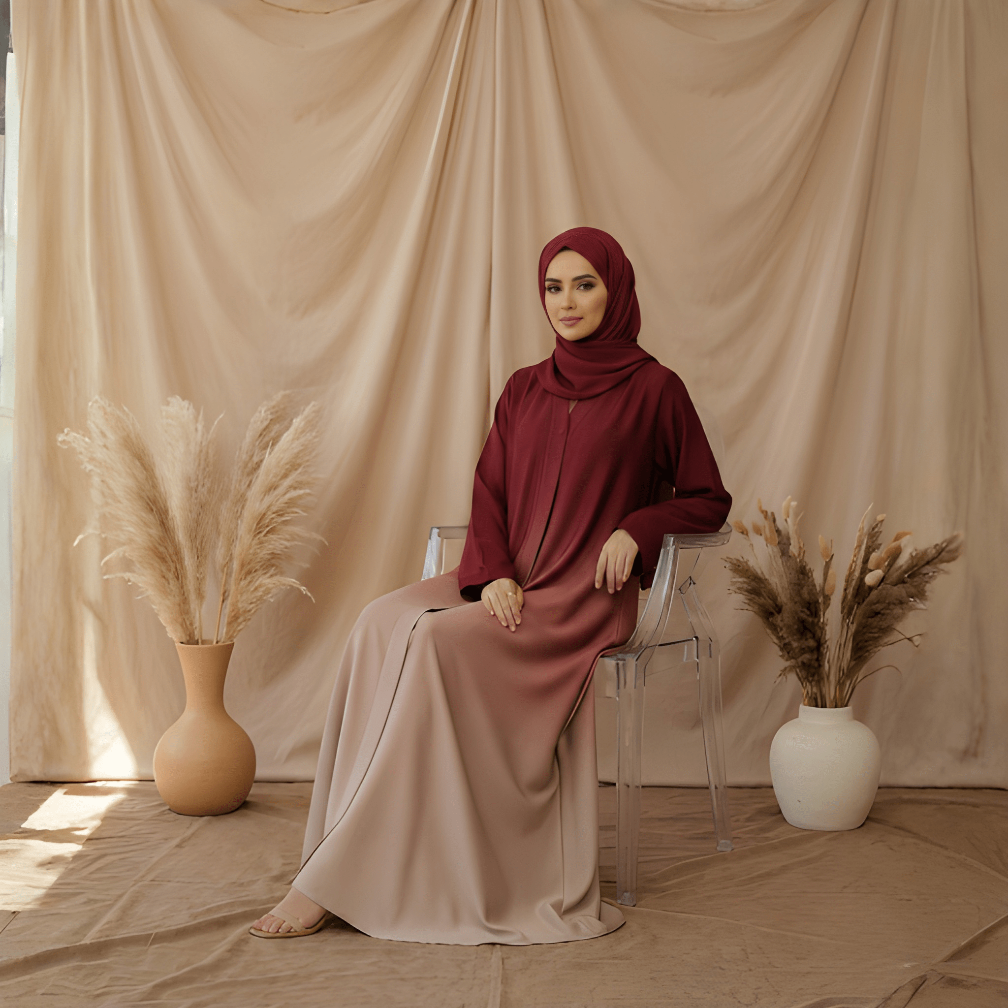 Elvona dual tone open abaya with coordinating matching hijab set — Bin Ibrahim Pakistan