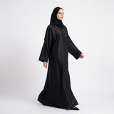 Side view of Jet Black Tassel Coat Abaya open front coat