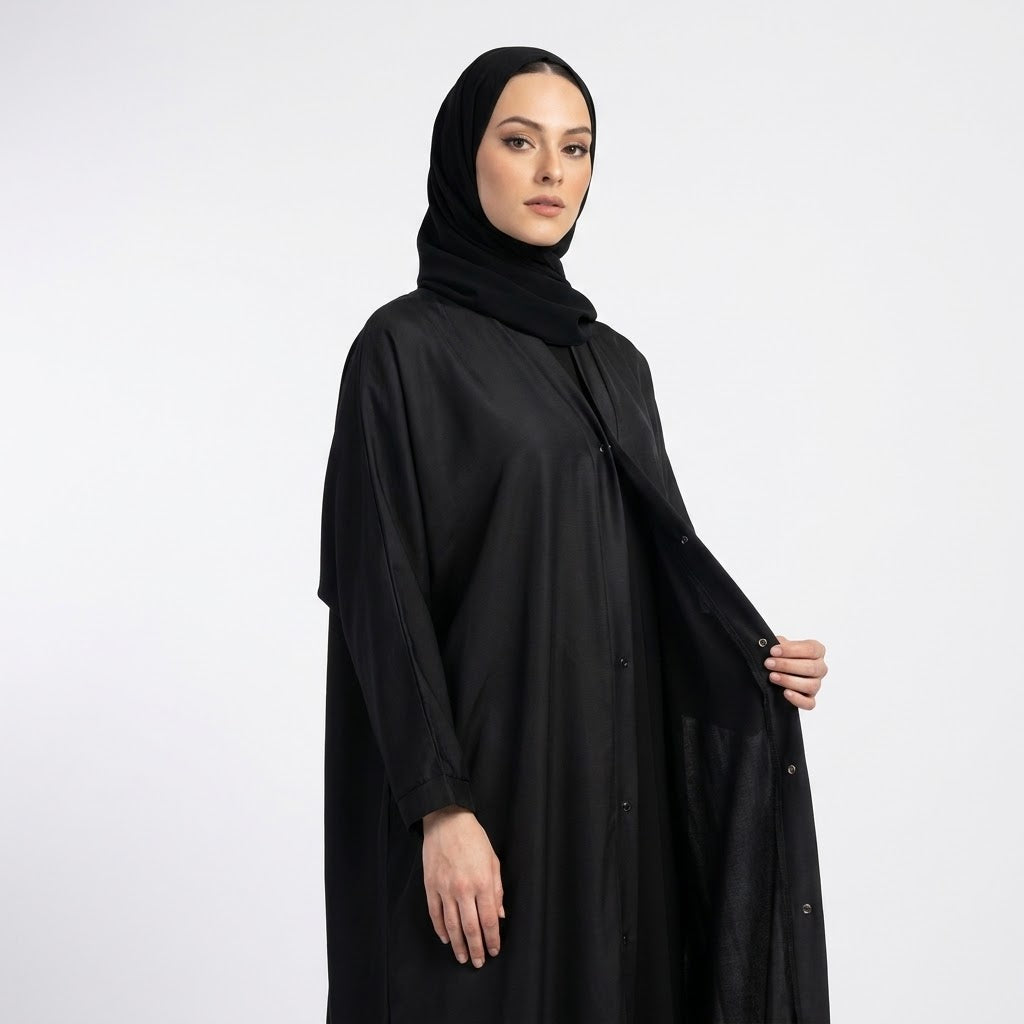 Jet Black Tassel Coat Abaya styled full length view