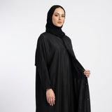 Jet Black Tassel Coat Abaya styled full length view