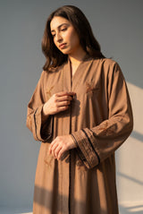Front view of Latte Botanical Open Abaya - premium Nida fabric modest wear