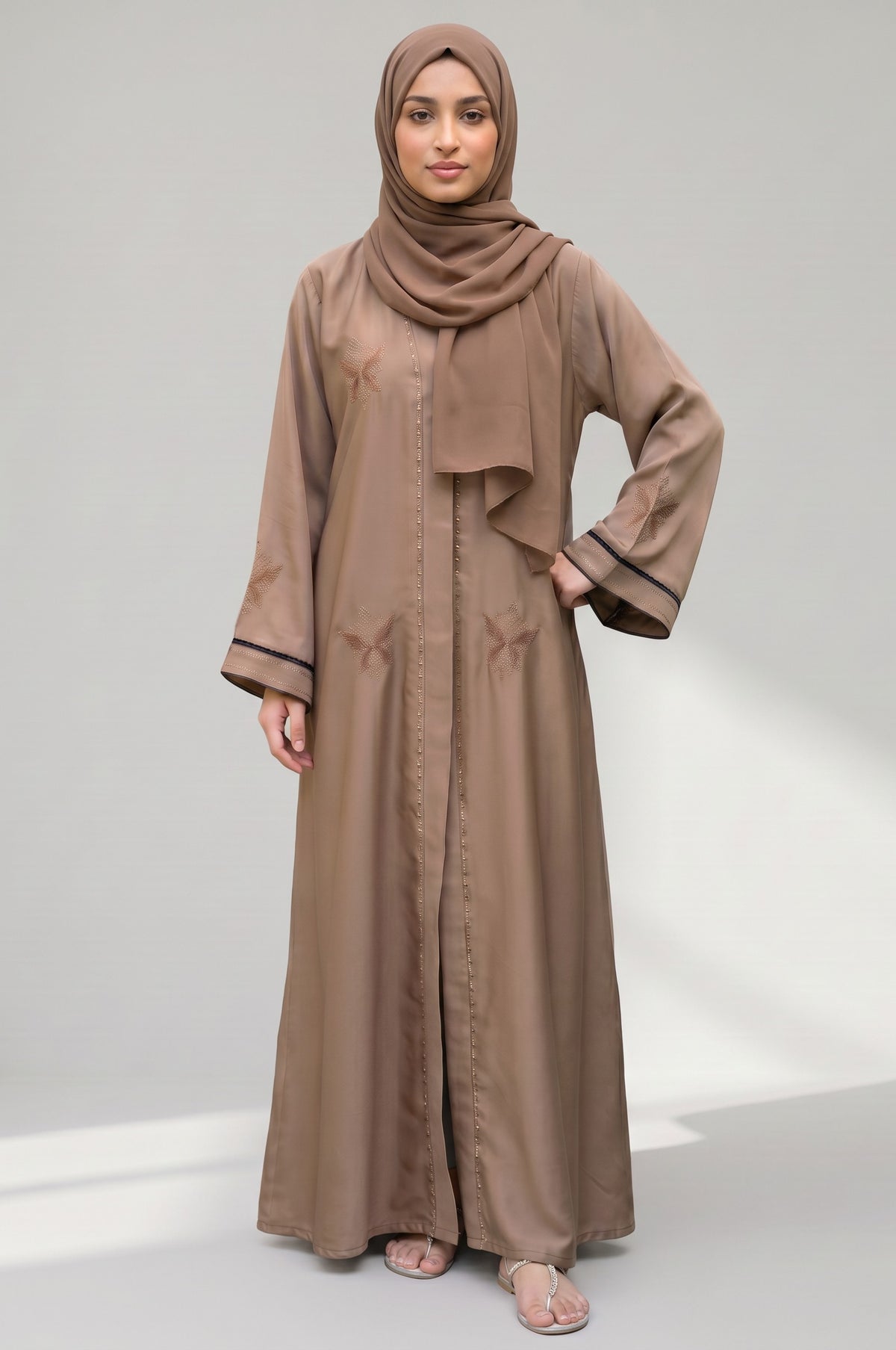 Full length standing view of Latte Botanical Open Abaya