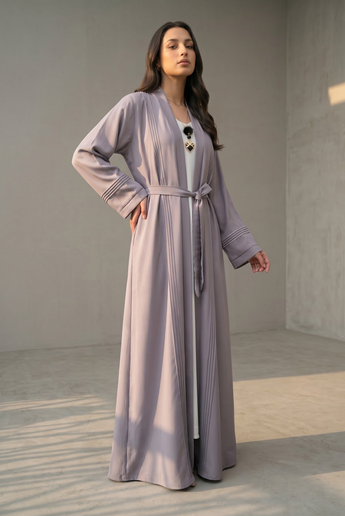 Full-length view of Luna Pleated Abaya in signature colorway