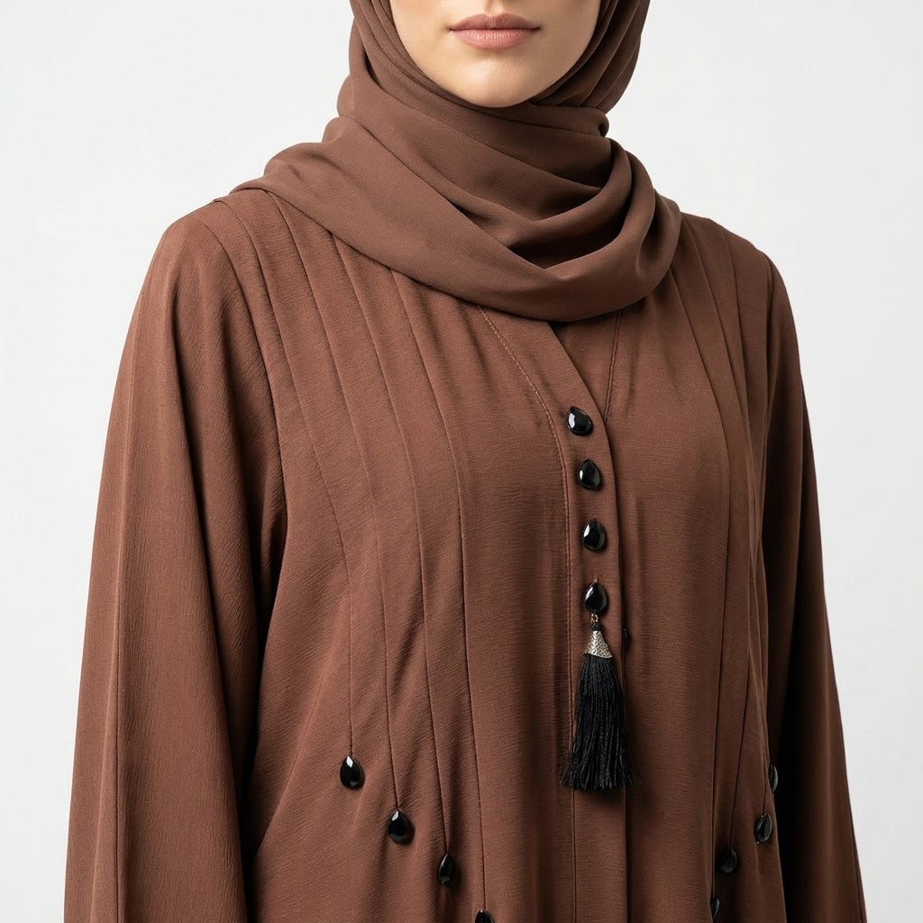 Front view of Mocha Brown Teardrop Studded Coat - premium TikTok fabric open abaya