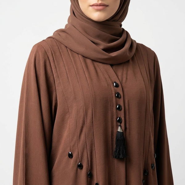 Front view of Mocha Brown Teardrop Studded Coat - premium TikTok fabric open abaya