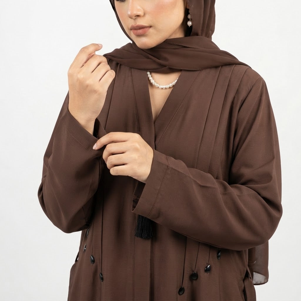 Side view of Mocha Brown Teardrop Studded Coat modest abaya