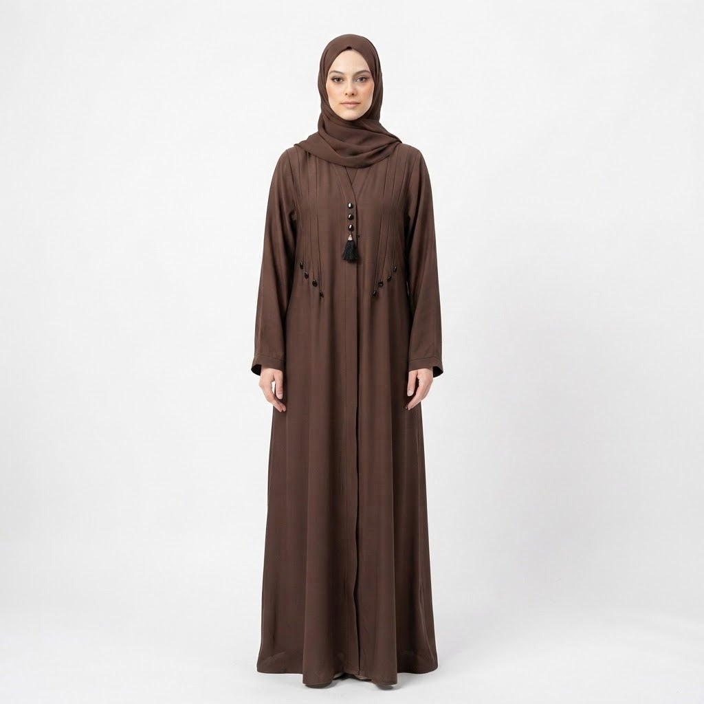 Full length styled look of Mocha Brown Teardrop Studded Coat with waist tie belt