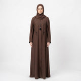 Full length styled look of Mocha Brown Teardrop Studded Coat with waist tie belt