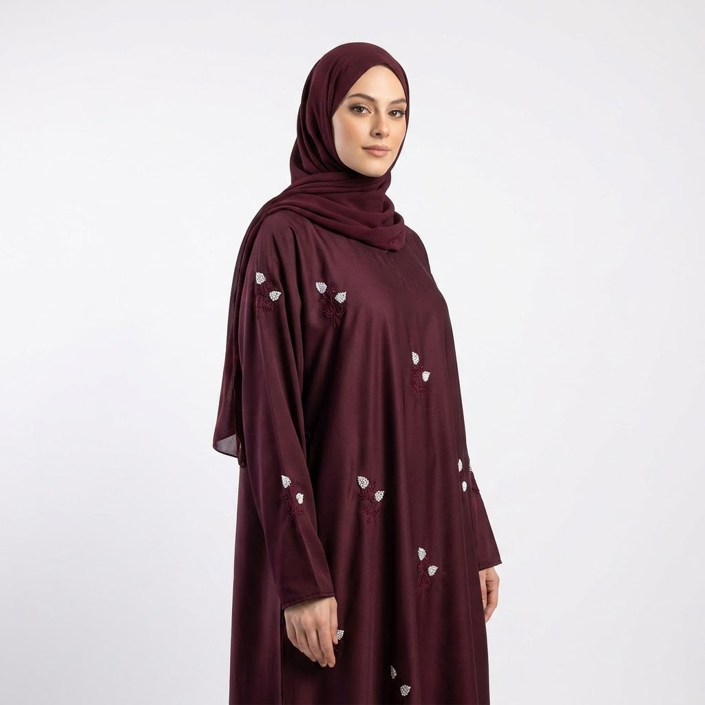 Front view of Maroon Floral Sprig Nida Gown - closed pullover abaya with floral embroidery