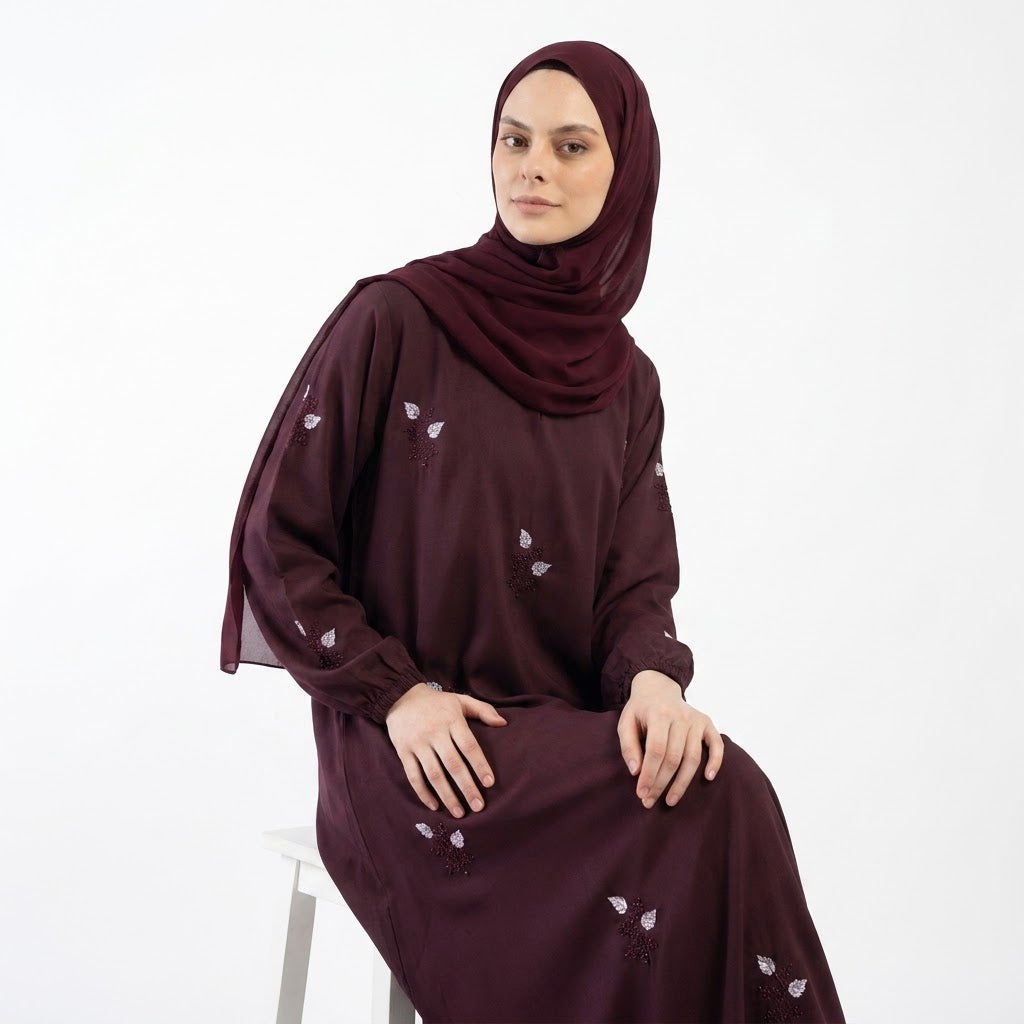 Maroon Floral Sprig Nida Gown styled full length view