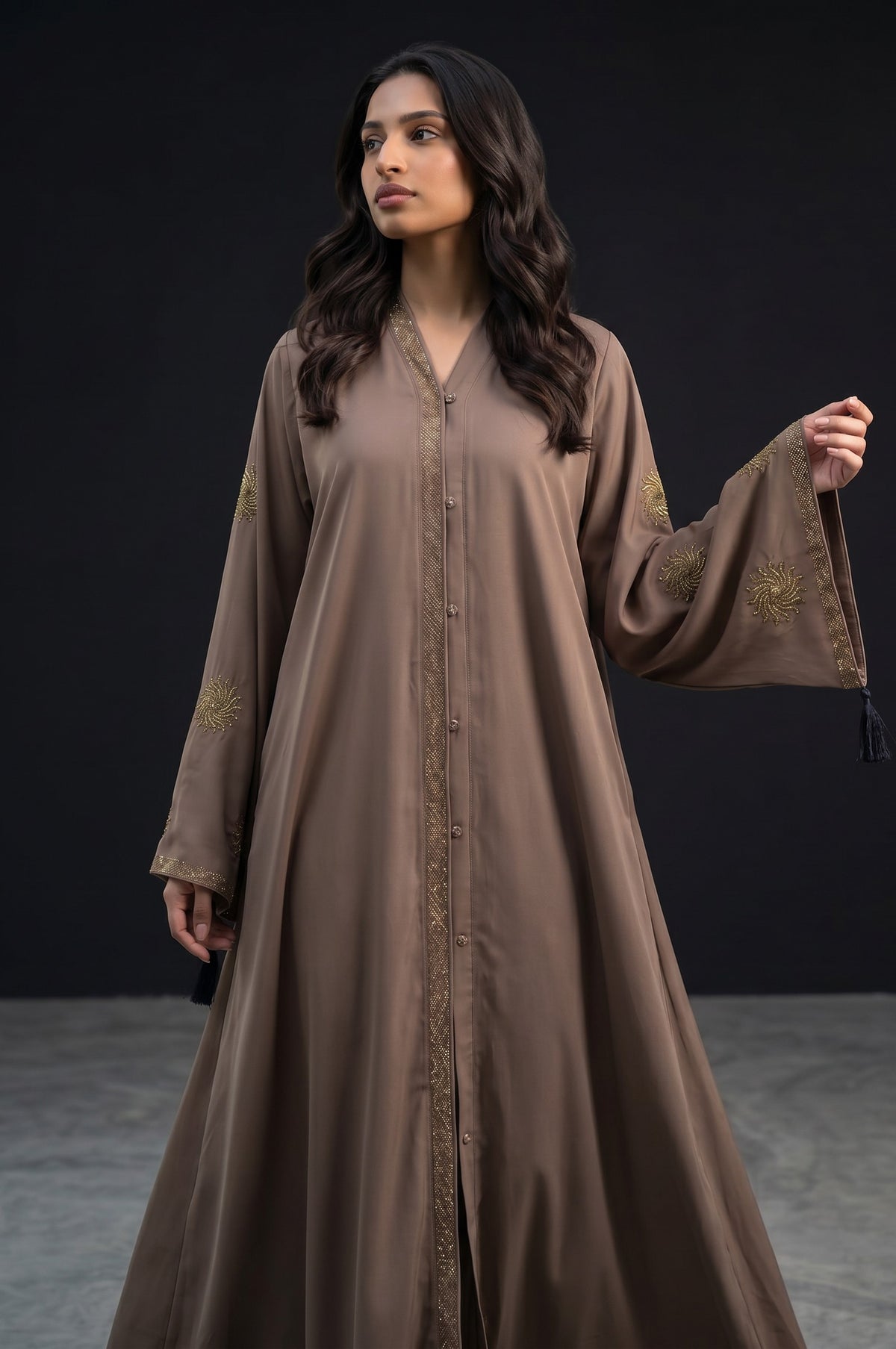 Front view of Mocha Brown Celestial Abaya - premium Nida fabric full-flare abaya