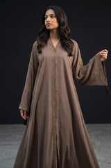 Front view of Mocha Brown Celestial Abaya - premium Nida fabric full-flare abaya