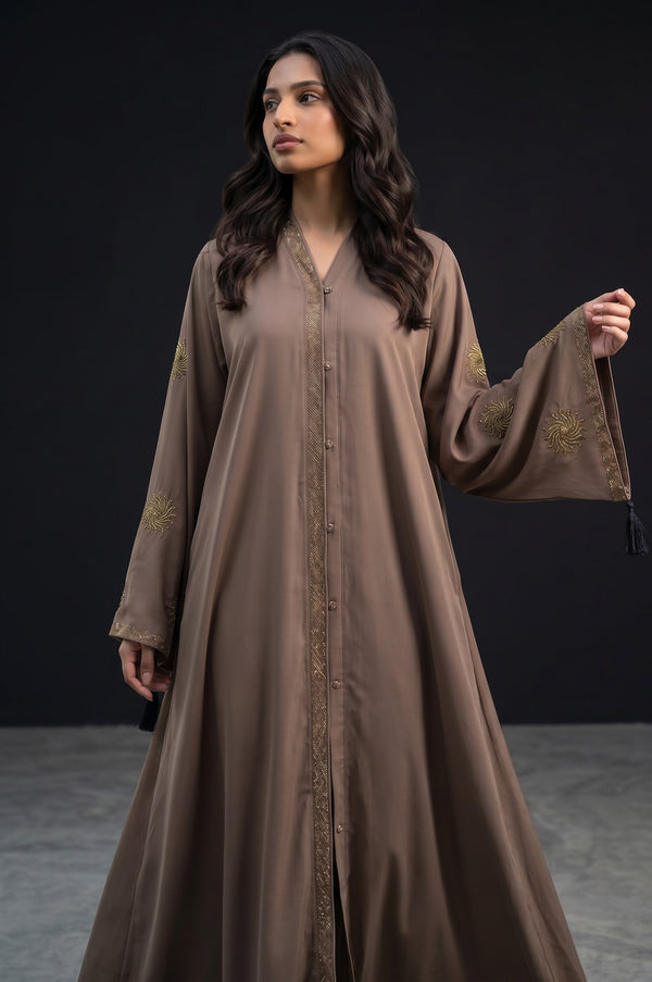 Front view of Mocha Brown Celestial Abaya - premium Nida fabric full-flare abaya