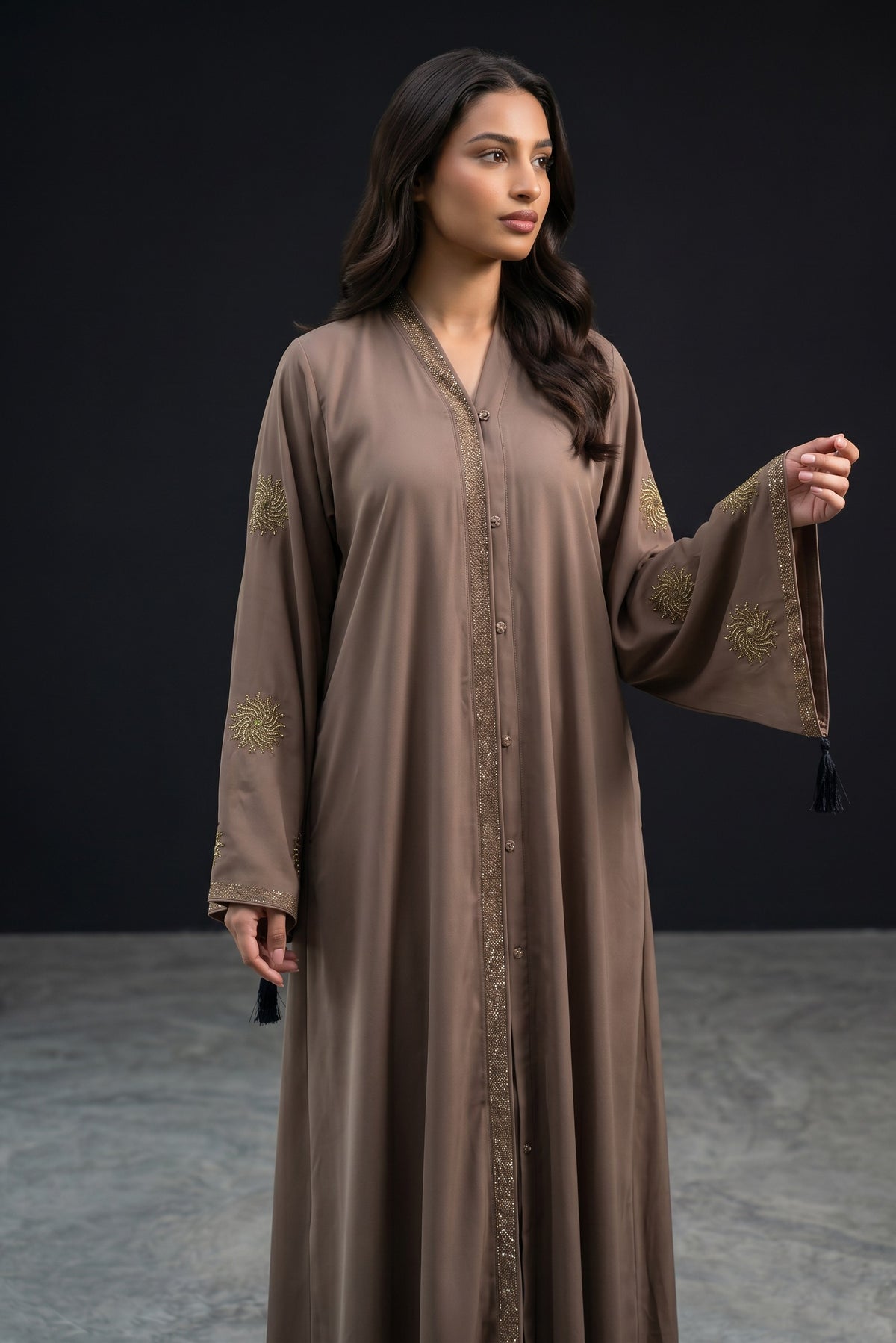 Styled front view of Mocha Brown Celestial Abaya with sunburst sleeve embroidery
