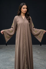 Full length standing view of Mocha Brown Celestial Abaya