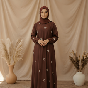 Velora Satin Bow Abaya — Luxury Mocha Brown with Matching Hijab
