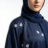 Front view of Navy Floral Sprig Nida Gown - closed pullover abaya with floral embroidery