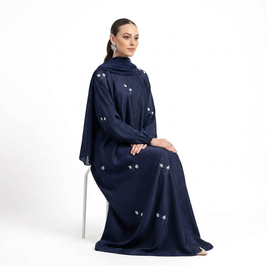 Navy Floral Sprig Nida Gown styled full length view