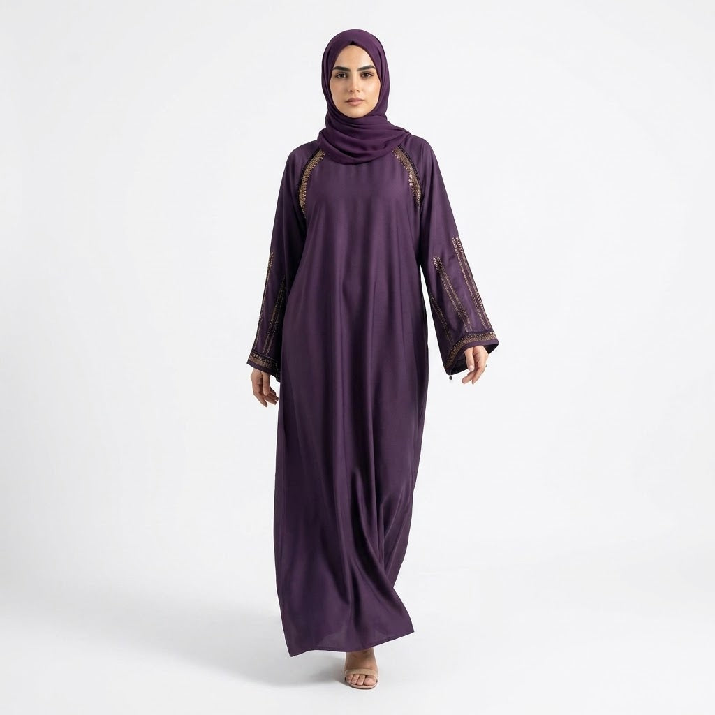Side profile of Amethyst Luxe Raglan Abaya highlighting the silhouette