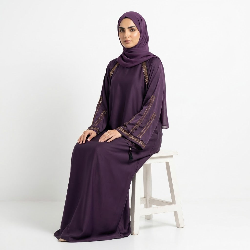 Styled look of Amethyst Luxe Raglan Abaya, perfect for evening wear, formal gatherings, festive celebrations, and boutique modest wear