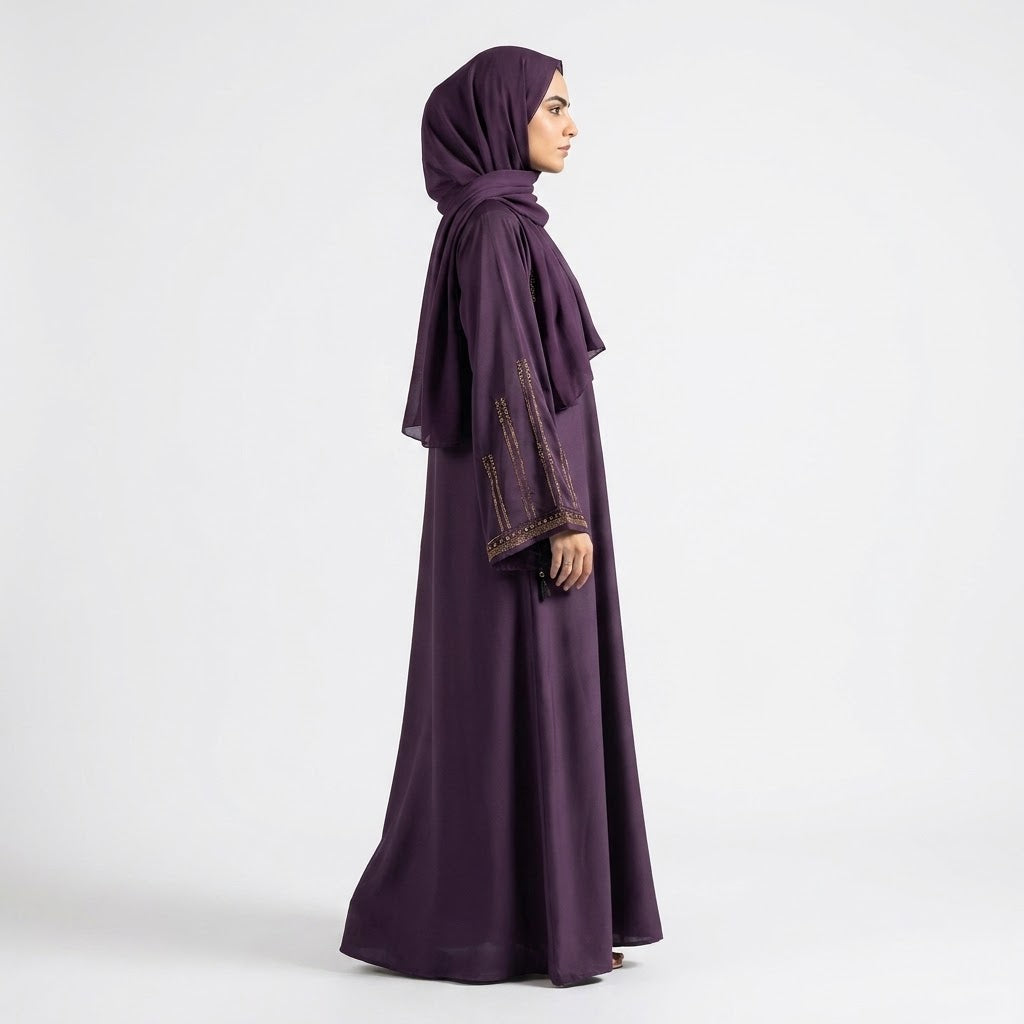 Full-length view of Amethyst Luxe Raglan Abaya in Deep Plum / Royal Purple base with Gold & Bronze DMC Stonework