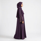 Full-length view of Amethyst Luxe Raglan Abaya in Deep Plum / Royal Purple base with Gold & Bronze DMC Stonework